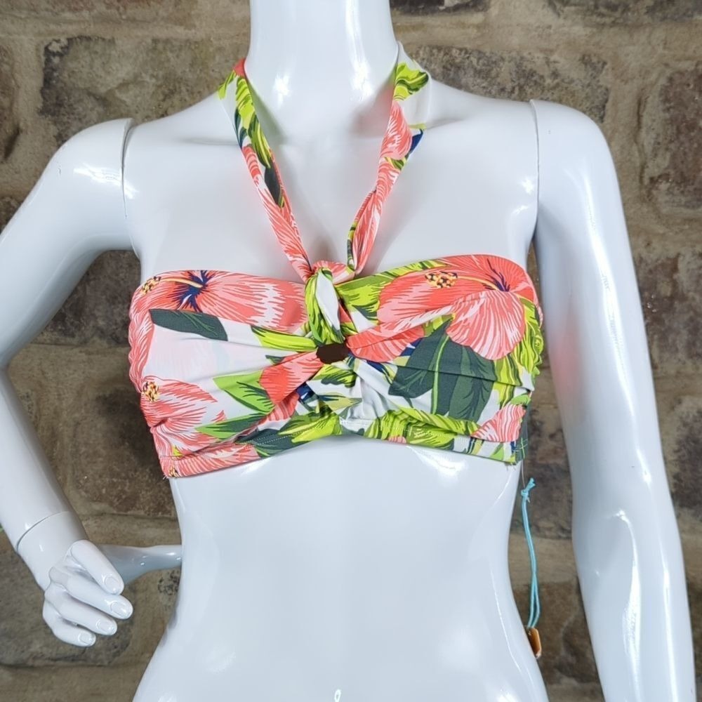 Kona Sol Womens Floral Hibiscus Halter Bandeau Bikini Top Coral Green Small